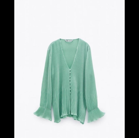 Zara Sea Green Micro Pleated Blouse Long Sleeve Top XL - Picture 2 of 13